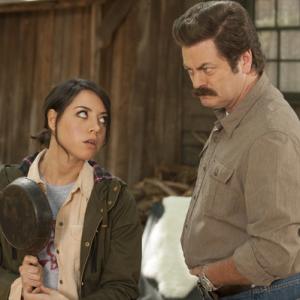 Still of Nick Offerman and Aubrey Plaza in Parks and Recreation 2009