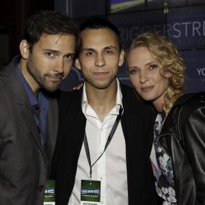 Uma Thurman and Andrew Bowen flank Ivan Petukhov the director of the Jameson First Shot Winning Film they star in THE GIFT