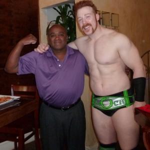 Still of WWE Superstar Sheamus and Tommy Brown on the set of a commercial filmed at the Red Fin restaurant in Greenville, SC (2013).