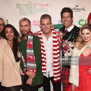 L to R Alex  Sierra Tyler Glenn Mark McGrath Kevin Griffin Charity Daw and Sam Hollander of Band Of Merrymakers at the 84th Annual Hollywood Christmas Parade 2015