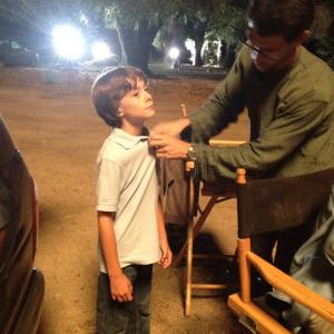 Parker getting wired on the set of Hallmark and Spirit Clips Look Up