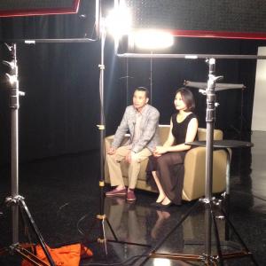 Ho Yi with leading lady Joy Ya at CBS studios, being interviewed