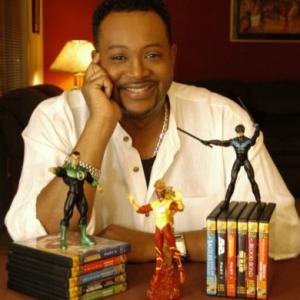 James Lewis with the DC Comic characters he voices, Nightwing, Green Lantern and Firestorm