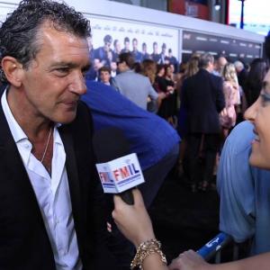 Sivan Philips interviewing Antonio Banderas at The Expendables 3 premiere in Hollywood 2014 Starring Sylvester StalloneJason StathamHarrison FordArnold Schwarzenegger Mel GibsonWesley Snipes Antonio Banderas Jet Li Directed byPatri