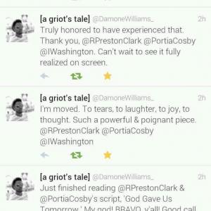 Actor Damone Williams tweeted his reaction to reading my script GOD GAVE US TOMORROW Portia Cosby cowrote it