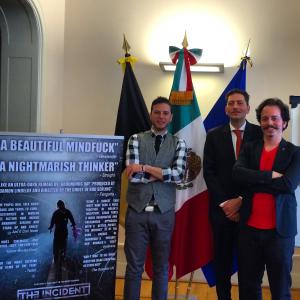 Isaac Ezban with producer Pablo Guisa Koestinger and director Diego Cohen at the Mexica embassy in Belgium, before the Belgian premiere of THE INCIDENT at BIFFF (Brussels International Fantastic Film Festival), April 2015