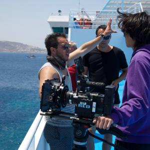 Aaron directing feature film Adrift in the Aegean Sea on a boat with film crew 2014