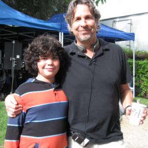 Cyrus Arnold with Director Peter Farrelly on the set for Eggo Waffles