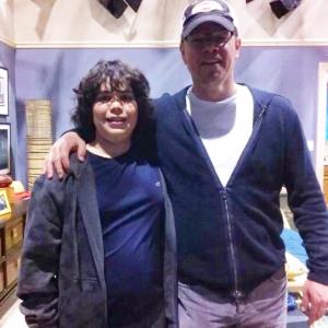Cyrus Arnold with executive producer Matt Damon on the set of the CBS sitcom pilot More Time With Family