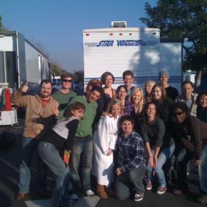 Rob and the Roller Dancers with Kristin Chenoweth outside their trailer of Glee