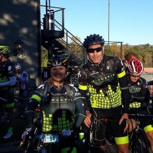 Tour de France cycling legend George Hincapie and Tour de Force leader called upon by leaders Lisa Christiansen getting ready to head for the start line at the Granfondo Hincapie.