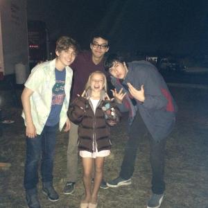 Meg Crosbie on the set of Paper Towns with Nat Wolff Austin Abrams and Justice Smith