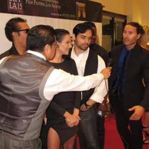 On the red carpet of the BIFF 15 getting interviewed by the media for the tv series SANGRE NEGRA .