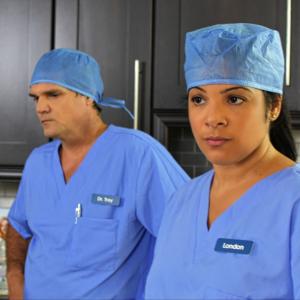 Monica Smothers as nurse London, Paul Chapman as Dr. Troy of 'Crossed Hope'