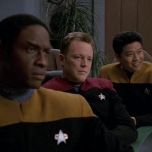 Still of Robert Duncan McNeill Tim Russ and Garrett Wang in Star Trek Voyager 1995
