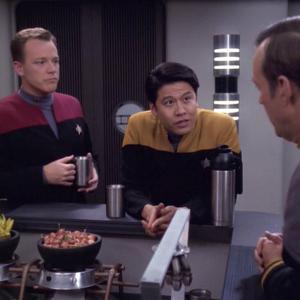 Still of Robert Duncan McNeill Dwight Schultz and Garrett Wang in Star Trek Voyager 1995