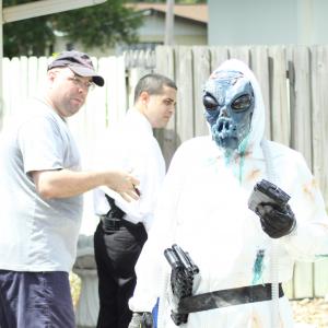 Director Donald E. Reynolds with Ted Souppa as the Alien on the set of Jasper Man.