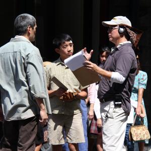 Prepping for a scene in Under the Blood Red Sun with Director Tim Savage and Academy Award Winner Chris TashimaPapa and Kyler Tomi Chinatown February 2014