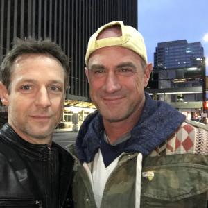 Chritopher Rob Bowen with Christopher Meloni downtown Cincinnati during filming of Marauders