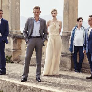 Still of Tom Hollander, Hugh Laurie, Tom Hiddleston, Olivia Colman and Elizabeth Debicki in The Night Manager (2016)