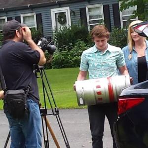 Aaron Latta Morissette carries a keg on camera for his role in the Feature Film Road Rage Directed by Brad Mays