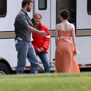 July 12th 2013. On the set of Cut Bank in Edmonton with Teresa Palmer and Liam Hemsworth.