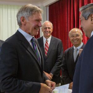 Interview with Harrison Ford and President Yudhoyono along with Russ Mittermeier President of Conservation International far left and Kuntoro Mangkusobroto Head of the Presidents Unit on forestry conservation