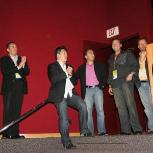 L to R Festival Director David Magdael and Producing Team Chil Kong Sal Baldomar Tarik Heitmann Ron Balicki and D Lee Inosanto at the Premiere of THE SENSEI for the 24th Los Angeles Asian Pacific Film Festival