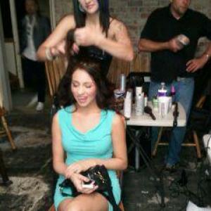 Makeup and hair before poker scene on set of 