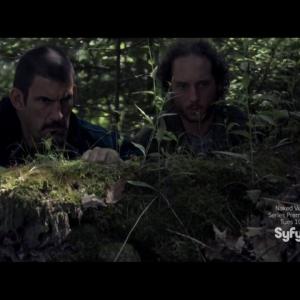 Heavy Robert Maillet and Sinister Man Kyle Mitchell lurking outside of Audreys door Haven TV Show  2013 Episode 407