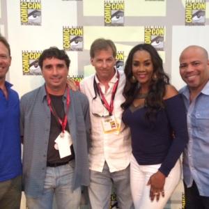 Sharknado 2 panel ComicCon 2014 Pictured left to right Ian Ziering Anthony Ferrante Thunder Levin and Vivica Fox Gerald Webb