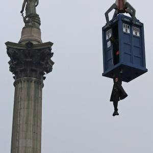 Matt Smith hangs from a suspended Tardis during filming of Dr Who, in Trafalgar Square on April 9, 2013 in London, England.