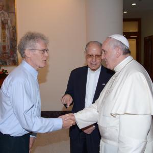 Ryan's uncle, Fr. Richard Baumann SJ (Left), meets with Pope Francis in Rome on August 7, 2014. Fr. Adolfo Nicolas SJ (Center) is the Superior General, Society of Jesus (SJ) worldwide. All are Jesuit priests.