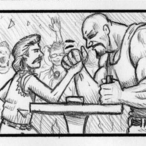 Storyboard for a scene in The Adventures of HORSE HOGG (2015), where Horse Hogg (Left) arm wrestles his nemisis Beef Train (Right) as the crowd cheers.