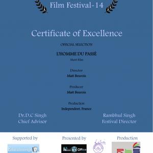 Matt Beurois movie Man of the Past was nominated at Noida International Film Festival and got this Certificate of Excellence