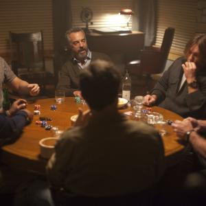 Still of Ron Perlman, Giancarlo Esposito, Ron Eldard, Titus Welliver and Beau Mirchoff in Poker Night (2014)