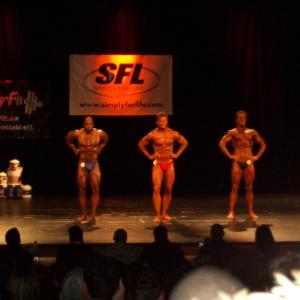The 2004 New Brunswick Amateur Bodybuilding Championships in Moncton New Brunswick  Light Heavyweight Division Left to Right Andrew Soulki Jeffrey Kelley Neil Burchill