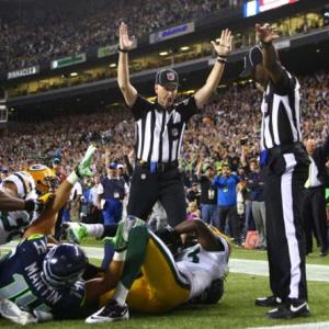 Lance Easley making the Hail Mary call at the end of the Seahawk vs Packers NFL game 2012
