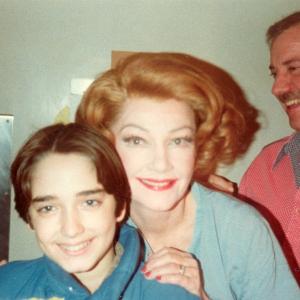 October 12 1979 Ahmanson Theatre production of Terence Rattigans Cause Celebre Robbie Ell Robert Ell Anne Baxter and Ian Ambercrombie Backstage before the show
