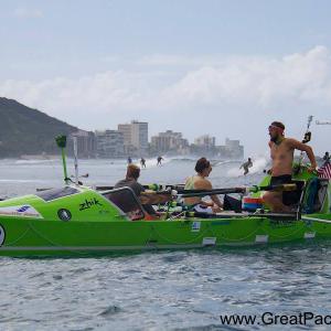 Matt Lasky rounding Diamond Head to touch land for the first time after rowing a boat for 58 days from Monterey, CA to Oahu, HI. Summer '14. World record holder for 'first mixed sex team to row across the Pacific Ocean unsupported.