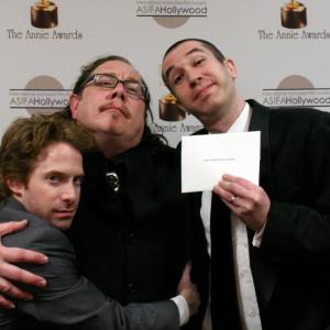 Seth Green, Fred Tatasciore, and Matt Senreich celebrate Robot Chicken's win