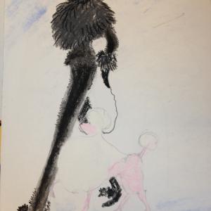 Walking the dog illustration faux fur Pastel on paper VLM