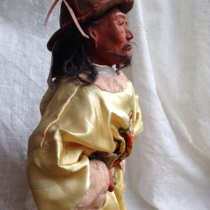 Kublai Kahn costume doll assignment clay and fabric hand and machine embroidery crafted by Vibeke La Maltun