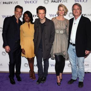 Graham Yost Joelle Carter Timothy Olyphant Jacob Pitts and Erica Tazel at event of Justified 2010