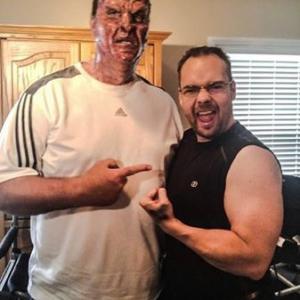 Jim Shaylor as Head Demon with FX Special Makeup Effects Artist Gregory Hewett on the set of Sid Roths TV show Its Supernatural  Rabbi Kirt Schneiders episode