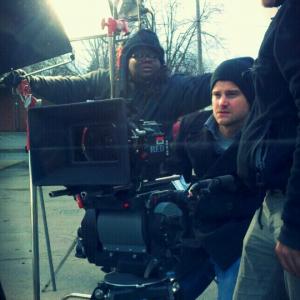 From left 1st assistant director Dehanza Rogers director Ryan Moody and cinematographer Ragland Williamson on the set of Rust