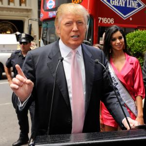 Ride of Fame Honoree Donald J Trump addresses to press with David W Chien and Miss USA 2010 Rima Fakih June 8th 2010
