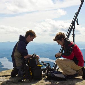 Director Blake Cortright left and Director of Photography Matthew Elton right prepare the jib crane atop Whiteface Mountain during shooting of The 46ers