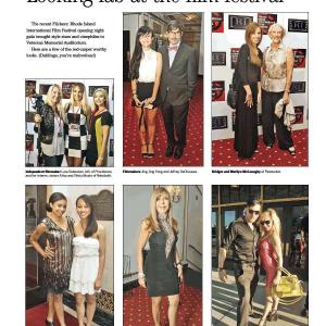 Bottom right corner Holy Scar and Jenimay in the Providence Journal fashion section Sunday Aug18 2013 Pink Latex Dress designed by lAndreane Kebreau of Rose Goudron clothing