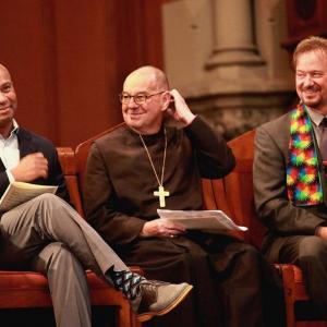 Governor Deval Patrick left Episcipal Bishop M Thomas Shaw center and Frank Schaefer a former Methodist minister were recipients of the Open Door Awards during Pride Morning Worship at Old South Church
